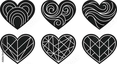 Black heart silhouettes with geometric patterns and curly swirls including abstract lines and mosaic shapes for wedding love and Valentine day design