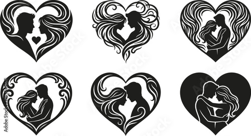 Black silhouettes of romantic couples inside decorative hearts including man and woman embracing with swirls for wedding Valentine and love story design
