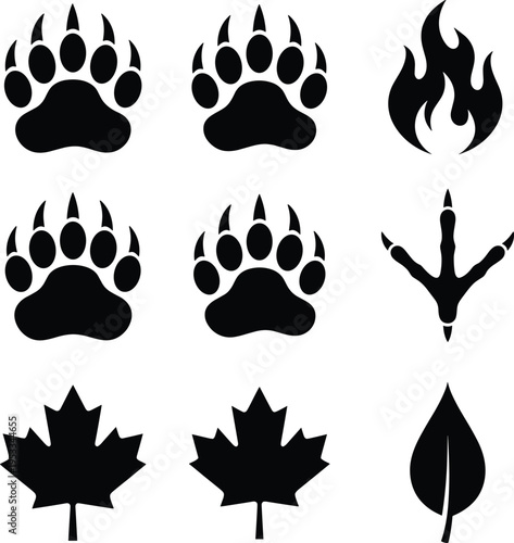 Black silhouette set of animal paw prints, bird footprint, maple leaves and fire flame icons, isolated vector symbols for wildlife tracking design
