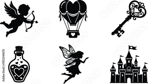 Black silhouettes of romantic fantasy icons including cupid fairy castle heart hot air balloon magic potion bottle and skeleton key for Valentine design