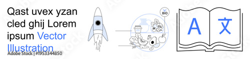 Space technology, multilingual education, scientific research, language learning, globalization, exploration. Rocket with biochemistry icons and an open book multilingual symbols. Space technology