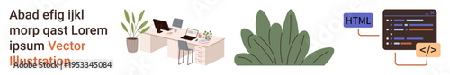 Office productivity, programming, modern workspace design, green living, front-end development, seamless workflow. An office desk setup with plants and a coding interface. Office productivity