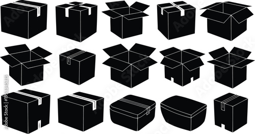 Silhouette set of open and closed shipping cardboard boxes