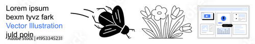 Nature, environmental , seasonal designs, digital design, technology, and interface concepts. Flying insect, blooming flowers and interface template. Nature and digital design concepts