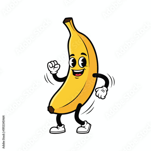 Animated yellow banana character with arms, legs, and shoes, smiling widely and dancing