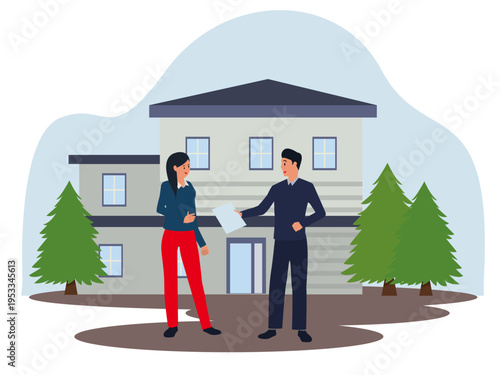 real estate agent presenting modern luxury house client property viewing