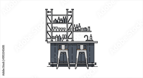 Modern Home Bar with Stools and Shelves.