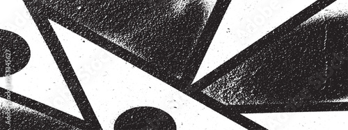 Abstract grunge spray paint splatter background with geometric shapes and circles in black and white - artistic texture design with paint stroke