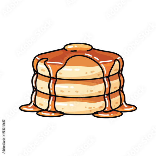 A stack of three golden pancakes topped with butter and dripping syrup