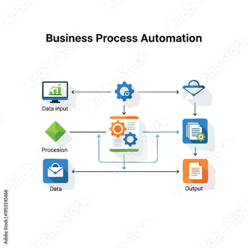 Abstract diagram showing a business process automation workflow with icons for data input, processing, and output