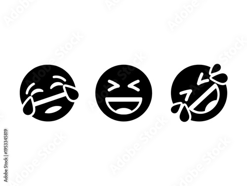 Set of Black Minimalist Laughing Emoji Icons with Tears of Joy and Squinting Eyes Expressing Humor and Happiness Isolated on transparent Background
