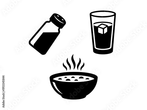Set of Black Kitchen Icons Featuring a Salt Shaker Pouring, a Glass of Water with Ice Cube, and a Hot Steaming Bowl of Soup Isolated on transparent Background