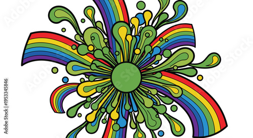 A vibrant abstract green energy burst with multiple colorful rainbows radiates outwards on a clean white background.