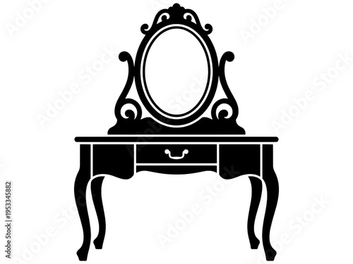 Ornate Antique Dressing Table with Oval Mirror and Vanity Drawer Silhouette Icon for Bedroom Interior Design Isolated on transparent Background