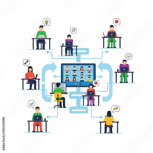 Diverse individuals collaborate remotely via video conference and digital communication