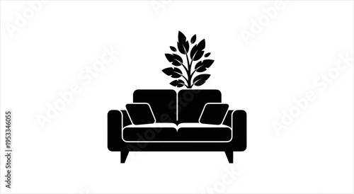 Sofa with Plant Icon Black and White Illustration.