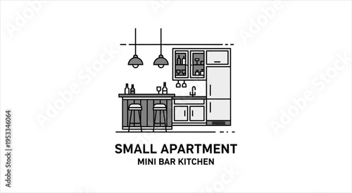 Small apartment mini bar kitchen line art illustration.