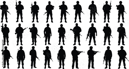 Armed soldier silhouettes with rifles, military personnel standing in formation, combat posture illustration, defense concept, army warfare, armed forces icons