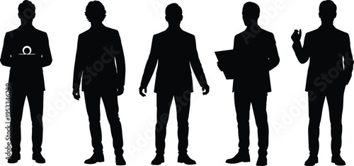Business silhouettes team diversity, professionals in corporate attire, holding tablet, folder, making gestures, teamwork concept, leadership, collaboration, office success