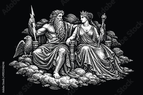 King Zeus and Queen Hera Sitting on Cloud Throne, Greek Mythology Royal Couple Engraving Vector, Divine Matriarch and Patriarch Scratchboard Art