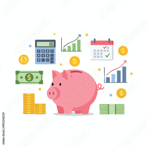 Pink piggy bank surrounded by coins, bills, calculator, calendar, and growth charts