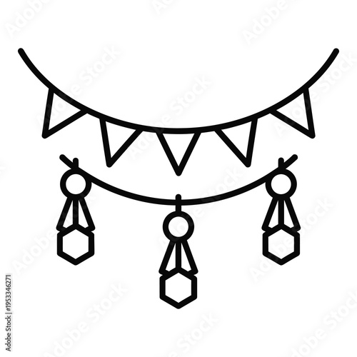 Black line drawing of a festive bunting with tassels hanging down icon