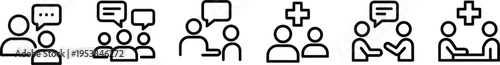 Communication icons set, group discussion, medical consultation, handshake agreement, teamwork collaboration, healthcare meeting, dialogue symbols, professional interaction vector illustration