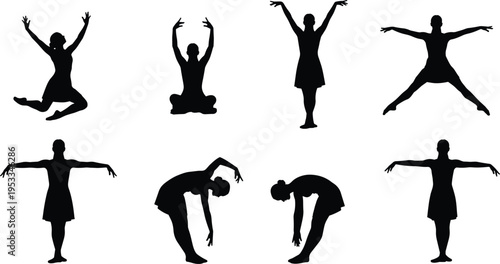 Dance silhouettes vector, exercise poses illustration, fitness choreography design, yoga meditation clipart, human body movement icons, physical activity artwork