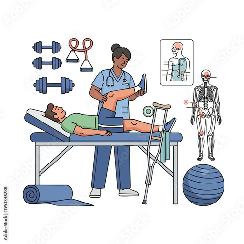 Therapist assists patient on table, surrounded by rehab equipment and anatomical diagrams