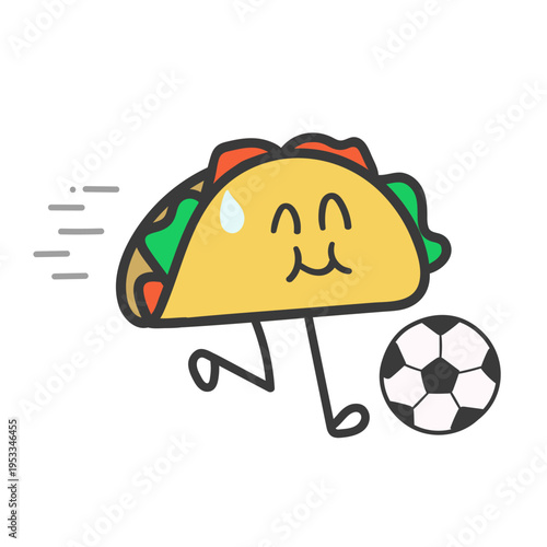 Cute Sweaty Taco Character Running and Kicking Soccer Ball. Minimalist Flat Vector for Kids Sport Events, Fan Merch and Summer Activity Prints.