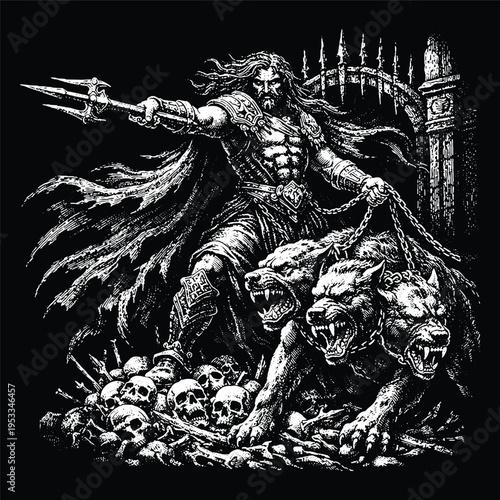 Hades God of Underworld with Cerberus Three Headed Dog, Greek Mythology Hellhound Engraving Vector, Dark Scratchboard Art for Gothic Design