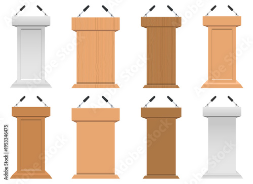 Eight podiums of various designs and colors, all equipped with microphones.