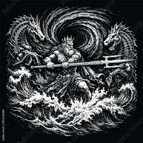 Poseidon God of Sea with Trident and Sea Dragons Illustration, Mythology Neptune Engraving Vector, Ocean Waves Scratchboard Art for Apparel