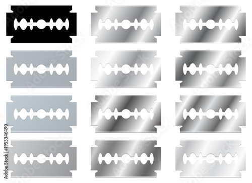 Razor Blades: Assorted sharp metal razor blades in varying shades of gray.