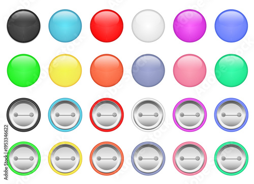 Collection of colorful round buttons and pins displayed in rows