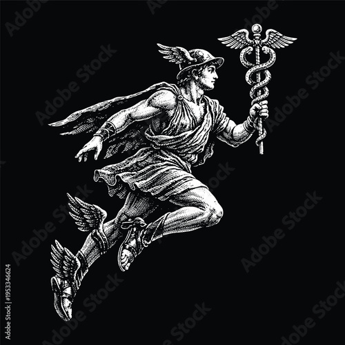 Messenger God Hermes Flying with Caduceus, Greek Mythology Mercury Engraving Vector, Scratchboard Illustration for Speed and Travel Concept