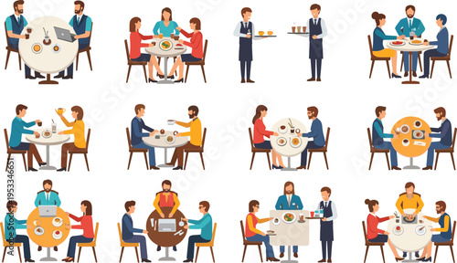 Restaurant Dining and Business Lunch Vector Illustration Set with People Eating, Waiter Service, Meetings, Conversations, and Social Interaction Scenes Collection