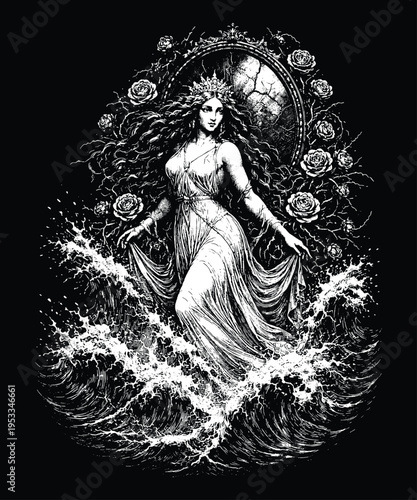 Goddess Aphrodite Rising from Ocean Waves Illustration, Mythological Venus Engraving Vector, Vintage Scratchboard Art for T-shirt and Poster Design
