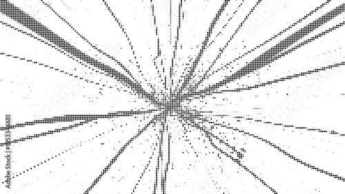 Concentric radial explosion of black halftone dots on a transparent background, abstract digital art, geometric pattern, speed lines, dynamic effect