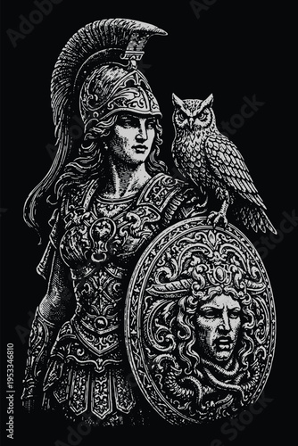 Goddess Athena with Owl and Medusa Shield, Greek Mythology Engraving Vector, Wisdom and War Goddess Scratchboard Art for Logo and Design