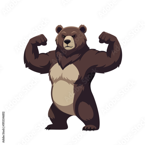 Muscular brown bear posing with flexed biceps, strong and intimidating stance