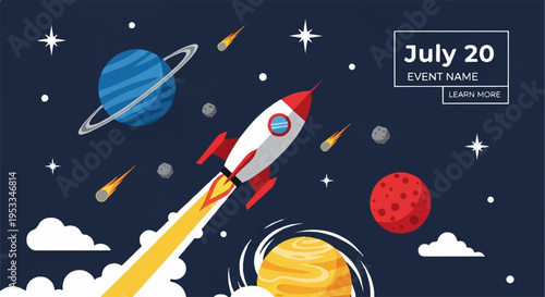 Rocket ship blasting off into space with planets stars and clouds in the background at night