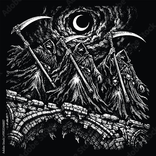 Three Grim Reapers with Scythes on Stone Bridge, Dark Gothic Death Engraving Vector Illustration, Horror Scratchboard Art for Metal Band Merchandise