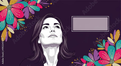 Woman looks up with floral patterns on a dark background with a blank text box for design