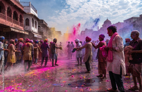 Colorful holi festival celebration india crowd street color powder joy tradition cultural ritual urban scene sky architecture