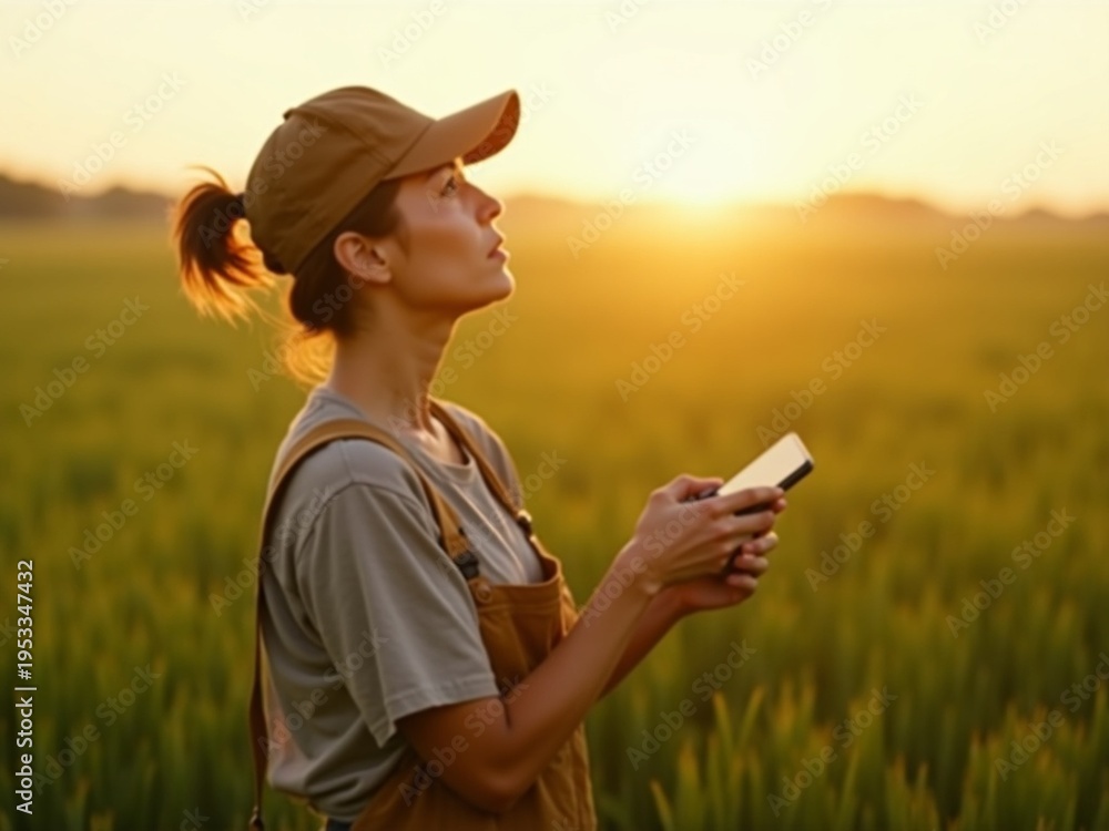 Fototapeta premium Female Farmer Operating Drone at Sunrise in Wheat Field