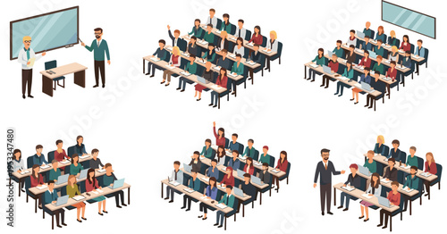 Classroom and Lecture Scene Vector Illustration Set with Teacher, Students, Training Session, Education Environment, and University Learning Situations Collection