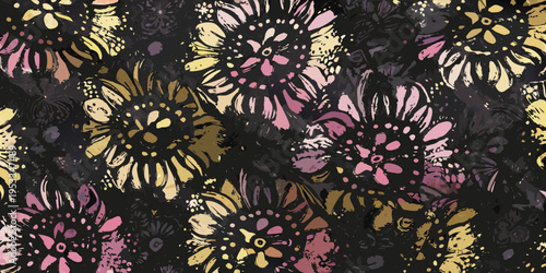 Abstract floral pattern with sunflowers in shades of gold and pink