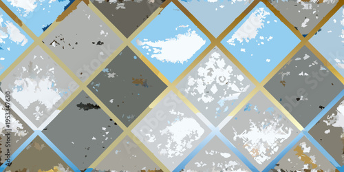 Geometric pattern with diamond shapes in shades of gray gold and blue