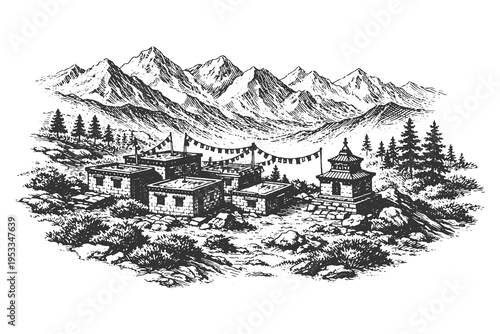 Authentic Engraving Style Vector of a Himalayan Village with Traditional Tibetan Architecture and Prayer Flags Set Against High Mountain Ranges